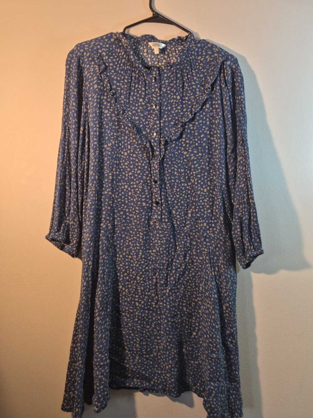 Northern Reflections L Blue Tan Ruffle Midi Dress Button Front Boho Crinkle